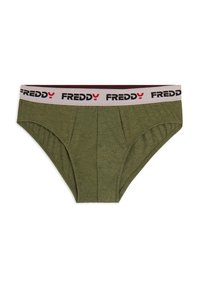 Mutande di cotone verdi con una morbida fascia in vita con il logo "FREDDY" in nero e rosso, realizzate con un taglio classico e una texture leggera.
