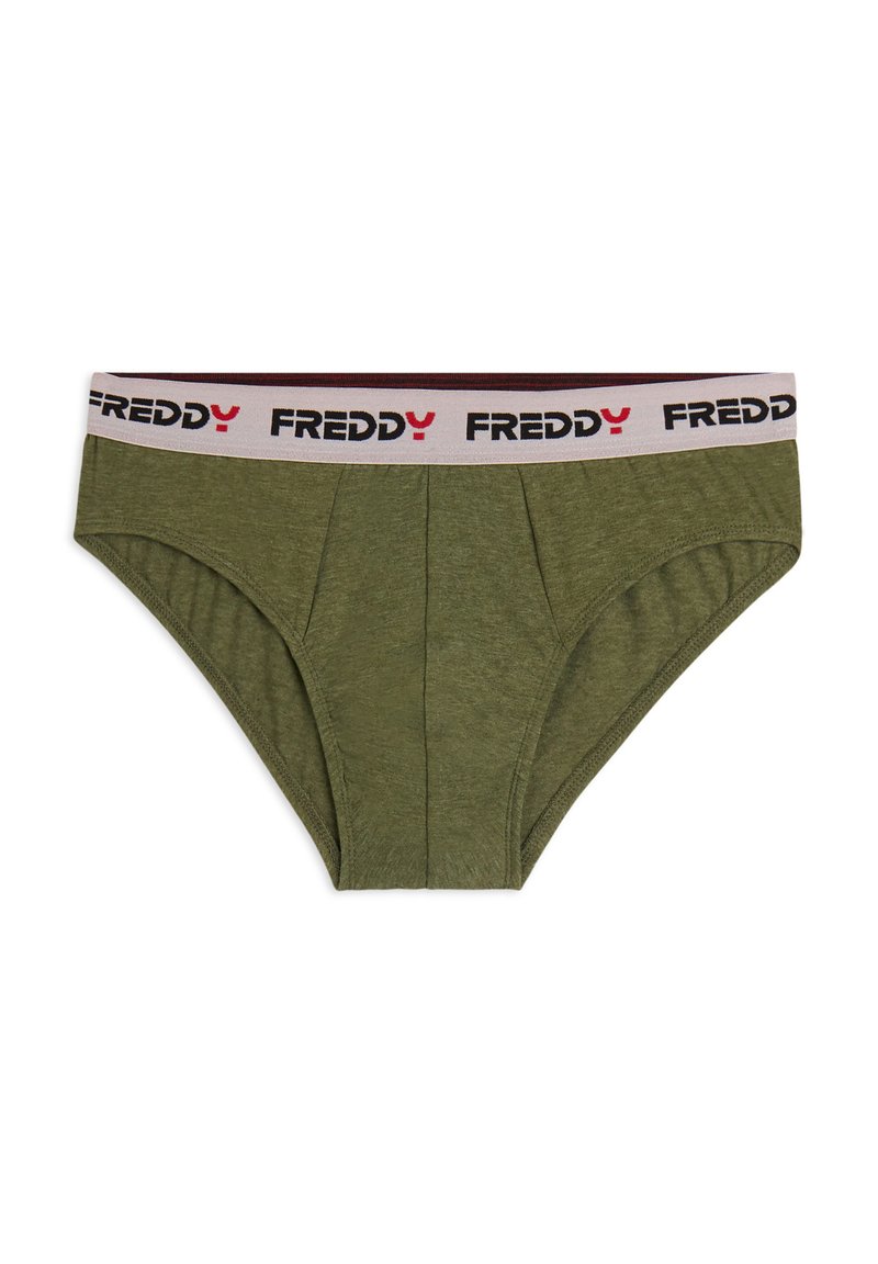 Mutande di cotone verdi con una morbida fascia in vita con il logo "FREDDY" in nero e rosso, realizzate con un taglio classico e una texture leggera.