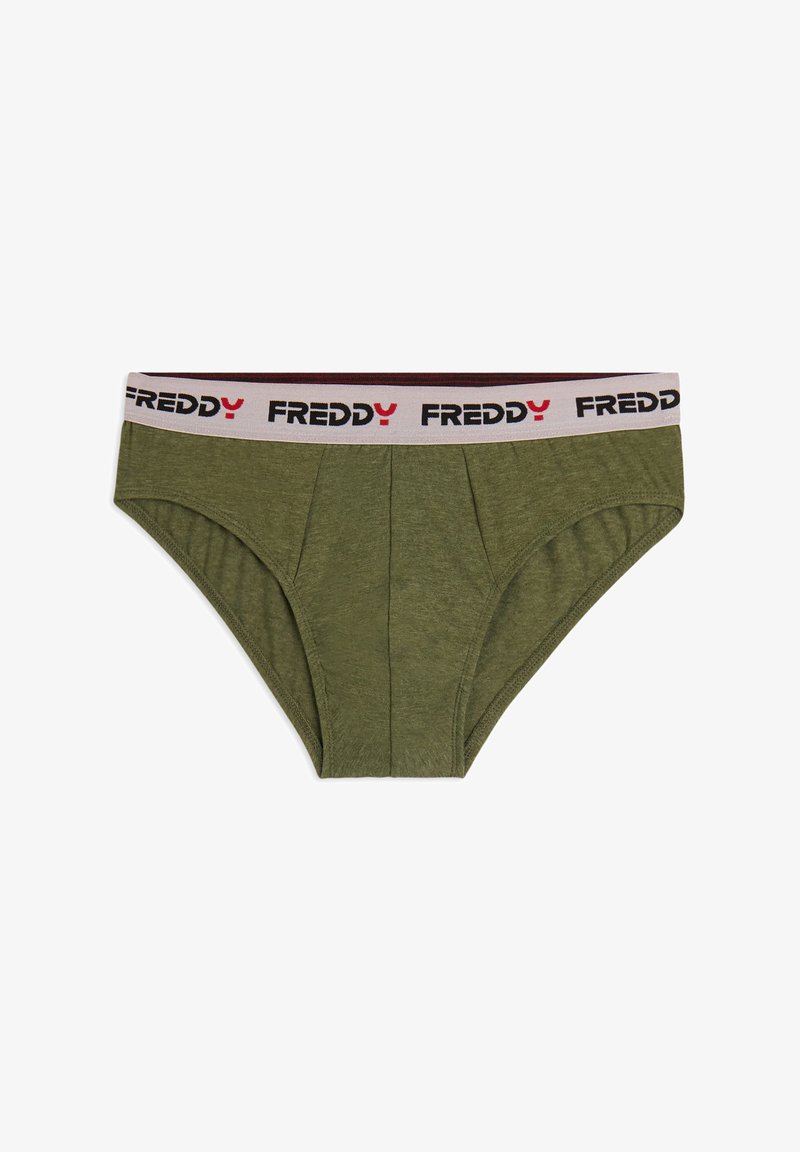 Mutande di cotone verdi con una morbida fascia in vita con il logo "FREDDY" in nero e rosso, realizzate con un taglio classico e una texture leggera.