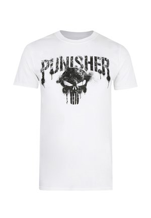 Weißes Baumwoll-T-Shirt mit einem großen schwarzen Grafikdesign eines Schädels und dem Text "PUNISHER", ergänzt durch Spritzdetails für zusätzliche Textur.