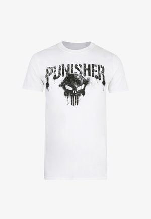 Weißes Baumwoll-T-Shirt mit einem großen schwarzen Grafikdesign eines Schädels und dem Text "PUNISHER", ergänzt durch Spritzdetails für zusätzliche Textur.