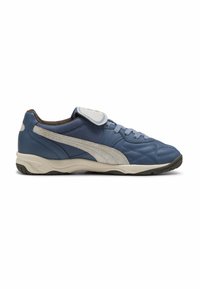 Chaussure de sport basse bleue et grise avec des lacets, une bride velcro sur la languette et une semelle en caoutchouc texturée.