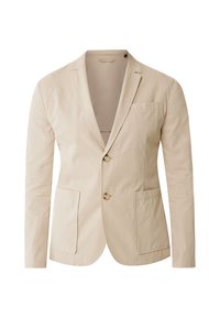 Beige Blazer aus strukturiertem Stoff, mit zwei Vordertaschen, einer Knopfleiste und Reverskragen. Einfaches, tailliertes Design.