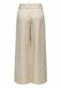 Beiga vida byxor i en slät textur, med flat framsida och midjeband. Har två bakfickor och en ren fåll.