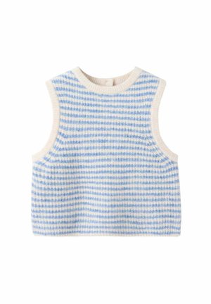 Haut tricoté sans manches avec des rayures horizontales bleu clair et blanc et un col et des emmanchures côtelées couleur crème.