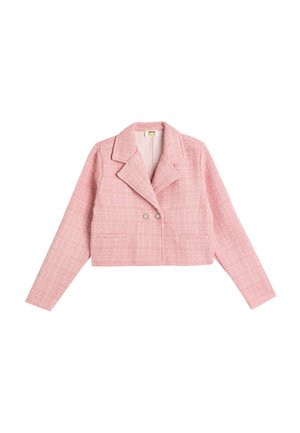 Cropped pink tweed jacket with a notch lapel, double-button closure, and two front pockets. Textured fabric with a checkered pattern.
