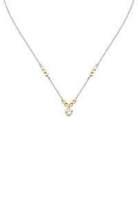 Collana in argento con accenti dorati, perline circolari e un ciondolo a forma di cuori con una pietra trasparente al centro in basso.