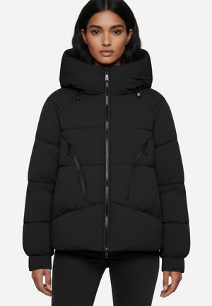 Giacca a vento nera con colletto alto, chiusura con zip frontale e tasche laterali con zip. Presenta un design trapuntato e polsini elastici per il calore.