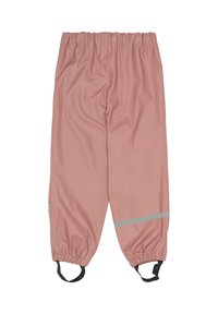 Różowe wodoodporne spodnie z elastycznym pasem, wyposażone w odblaskowe elementy i regulowane paski przy kostkach. Gładka tekstura.