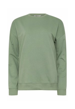 Lichtgroene sweatshirt met een ronde hals, verlaagde schoudernaden en geribbelde manchetten en zoom. Vloeiende textuur zonder patronen of accenten.
