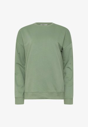 Lichtgroene sweatshirt met een ronde hals, verlaagde schoudernaden en geribbelde manchetten en zoom. Vloeiende textuur zonder patronen of accenten.
