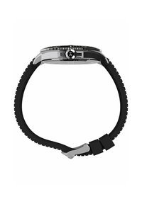 Roostevabast terasest käekell musta kummirihmaga. Ümmargune kellaplaat musta raami ja tekstuurse haardega ning hõbedane pandla detail.