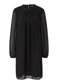 Czarna sukienka wykonana z lekkiego materiału, z długimi przezroczystymi rękawami, okrągłym dekoltem, plisowaniem i zapięciem na suwak z tyłu.