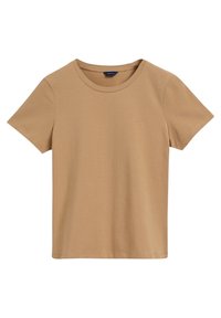 Beige bomulls-T-shirt med rund halsringning och korta ärmar. Enkel design med en diskret logotyp på framsidan. Mjuk textur och normal passform.