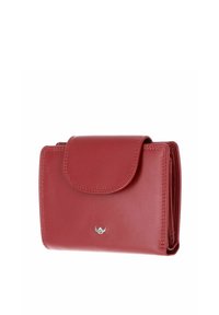 Portefeuille en cuir rouge avec fermeture à rabat et petit logo argenté sur le devant, présenté fermé sur fond blanc.