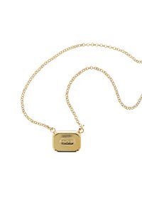 Gouden ketting met een fijne schakel en een rechthoekige hanger met een gegraveerd logo. Gladde textuur en glanzende afwerking.