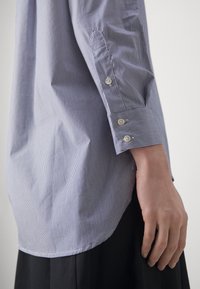 Camicia a maniche lunghe a righe blu e bianche con orlo arrotondato. Presenta polsini con bottoni e una texture in tessuto morbido. Nessun motivo o dettaglio visibile.
