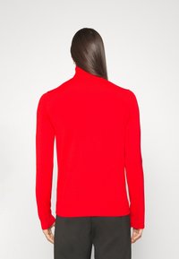 Pull rouge à col roulé à manches longues en tissu lisse, avec des manches ajustées et un ourlet légèrement arrondi, vu de dos.