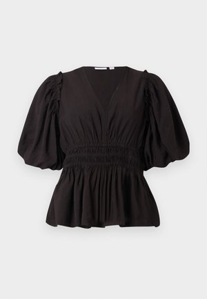 Black puff-sleeve top with a deep V-neck, gathered waist, and flared hem. Made from lightweight fabric with a smooth texture.