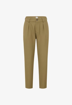 Pantalon slim kaki avec passants de ceinture, plis sur le devant, fermeture par bouton et braguette zippée, présenté sur fond blanc.