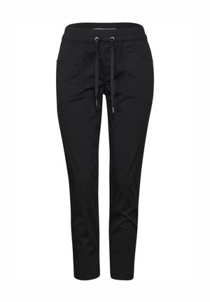 Black jogger pants made of lightweight fabric, featuring an elastic waist with drawstring, side pockets, and tapered ankles.