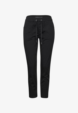 Schwarze Joggerhosen aus leichtem Material, mit elastischem Bund und Kordelzug, seitlichen Taschen und schmal zulaufenden Knöcheln.