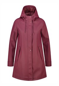 Imperméable maroon avec capuche, cordon de serrage ajustable, boutons-pression et deux poches avant ; texture lisse et design mi-genou.