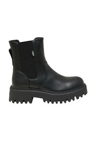 Černé kožené kotníkové boty s robustní gumovou podrážkou, elastickými bočními panely a hladkým povrchem. Obsahují vroubkovanou podrážku pro lepší trakci.