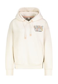 Cremefarbene Kapuze mit einer Kordelzugkapuze, Fronttasche und gesticktem Text "Always Be Positive" in bunten Buchstaben auf der Brust.