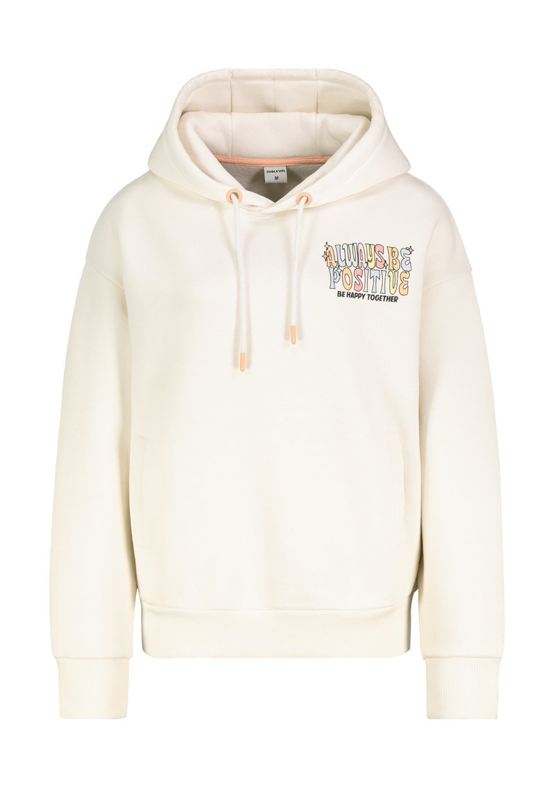 Cremefarbene Kapuze mit einer Kordelzugkapuze, Fronttasche und gesticktem Text "Always Be Positive" in bunten Buchstaben auf der Brust.