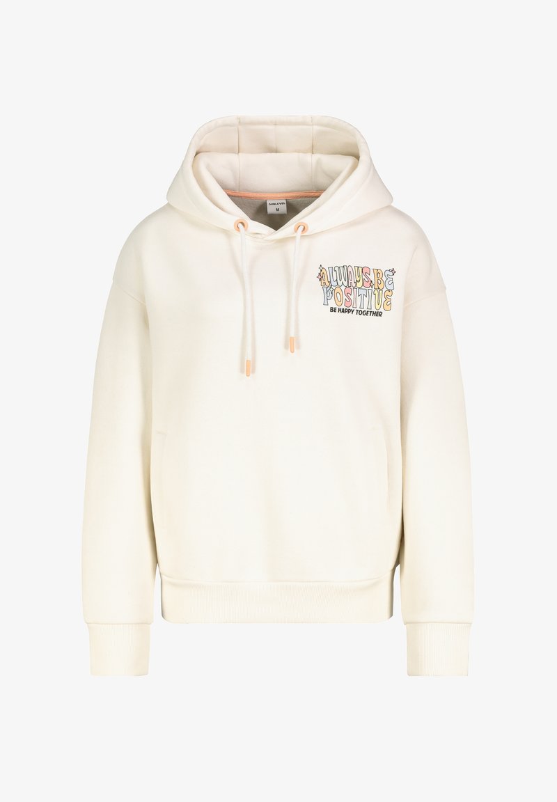Cremefarbene Kapuze mit einer Kordelzugkapuze, Fronttasche und gesticktem Text "Always Be Positive" in bunten Buchstaben auf der Brust.