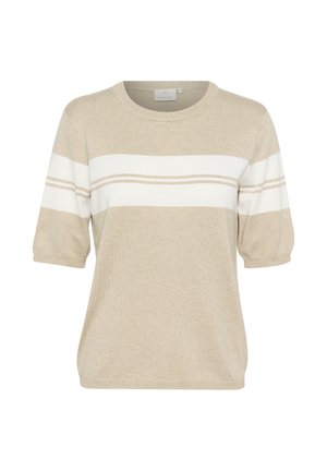 Beige neulepaita lyhyillä puff-hihoilla, jossa on vaakasuoria valkoisia raitoja ja rento malli. Pehmeä tekstuuri ja pyöreä pääntie.