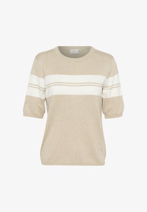 Beige neulepaita lyhyillä puff-hihoilla, jossa on vaakasuoria valkoisia raitoja ja rento malli. Pehmeä tekstuuri ja pyöreä pääntie.