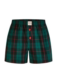 Boxer a scacchi in teal e nero, con linee rosse, una vita elastica, due bottoni frontali e un'etichetta con il nome del marchio.