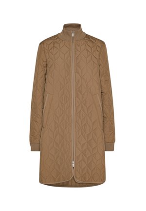 Chaqueta marrón acolchada con cuello alto, cierre frontal con cremallera y dos bolsillos laterales. Presenta puños de punto acanalado y un dobladillo con bordes redondeados.