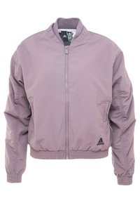 Ljuslila bomberjacka i slät tyg med dragkedja, elastiska mudd och en liten svart Adidas-logotyp på vänstra nederkant.