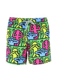 Costume da bagno con un motivo colorato di figure contornate in rosa, blu, giallo e verde su uno sfondo nero; cintura elastica con cordoncino.