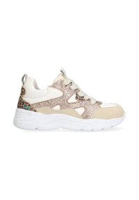 Baskets à imprimé léopard et détails en paillettes avec maille blanche, suède beige clair et semelle blanche texturée. Présente un système de laçage et une languette.