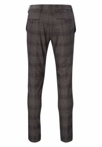 Braun gemusterte Slim-Fit-Hoset mit strukturiertem Stoff und zwei aufgesetzten Taschen auf der Rückseite mit Knopfverschlüssen.