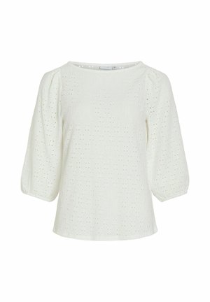 Bluza albă din bumbac cu broderie ajurată, decolteu rotund și mâneci bufante trei sferturi.