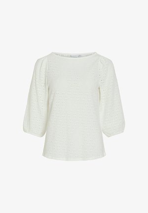 Bluza albă din bumbac cu broderie ajurată, decolteu rotund și mâneci bufante trei sferturi.