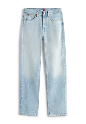 Jean en denim bleu clair coupe droite avec cinq poches, braguette zippée et un petit logo Tommy Hilfiger sur la ceinture avant et la poche monnaie.