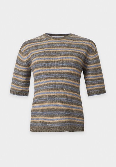Pull en maille manches courtes avec des rayures horizontales dans des tons marron atténués, beige et bleu clair, avec un col rond.