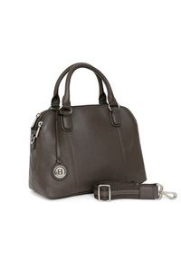 Borsa a mano in pelle marrone con forma arrotondata, doppio manico superiore, tracolla removibile e dettagli in metallo argentato, con una finitura texture.