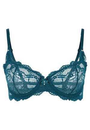 Teal lace bra with underwire, triangular cups, floral pattern, scalloped edges, and a small bow detail at the center. Adjustable straps.