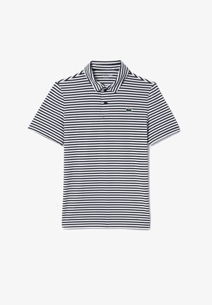 Navy- und weiße gestreifte Poloshirt mit kurzen Ärmeln, klassischem Kragen und kleinem grünen Logo auf der linken Brust. Material aus Baumwollmischung.