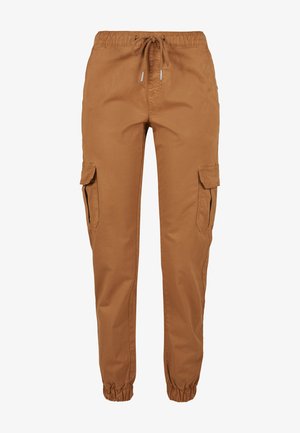 Pruunid cargo püksid elastse vöökoha, nööriga ja küljetaskutega. Valmistatud pehmest, vastupidavast kangast; sääreosast kitsenevad.