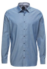 Lichtblauw overhemd met lange mouwen, knoopsluiting aan de voorkant, brede kraag, gestructureerde stof, donkere knopen, normale pasvorm en gestikte manchetten.