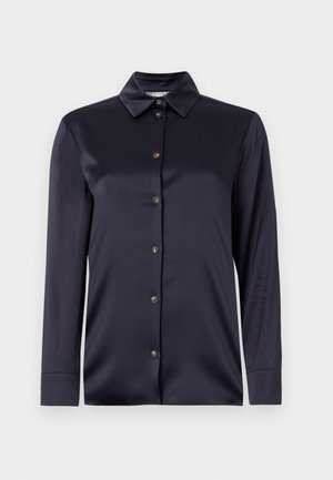 Navy blue satin long-sleeve shirt with a classic collar, front button closure, and smooth texture. Features subtle sheen and tailored fit.