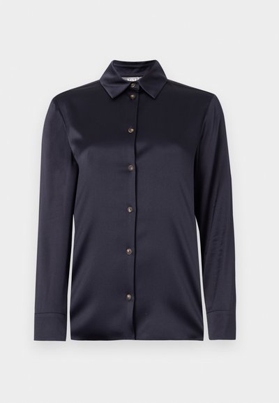 Navy blue satin long-sleeve shirt with a classic collar, front button closure, and smooth texture. Features subtle sheen and tailored fit.
